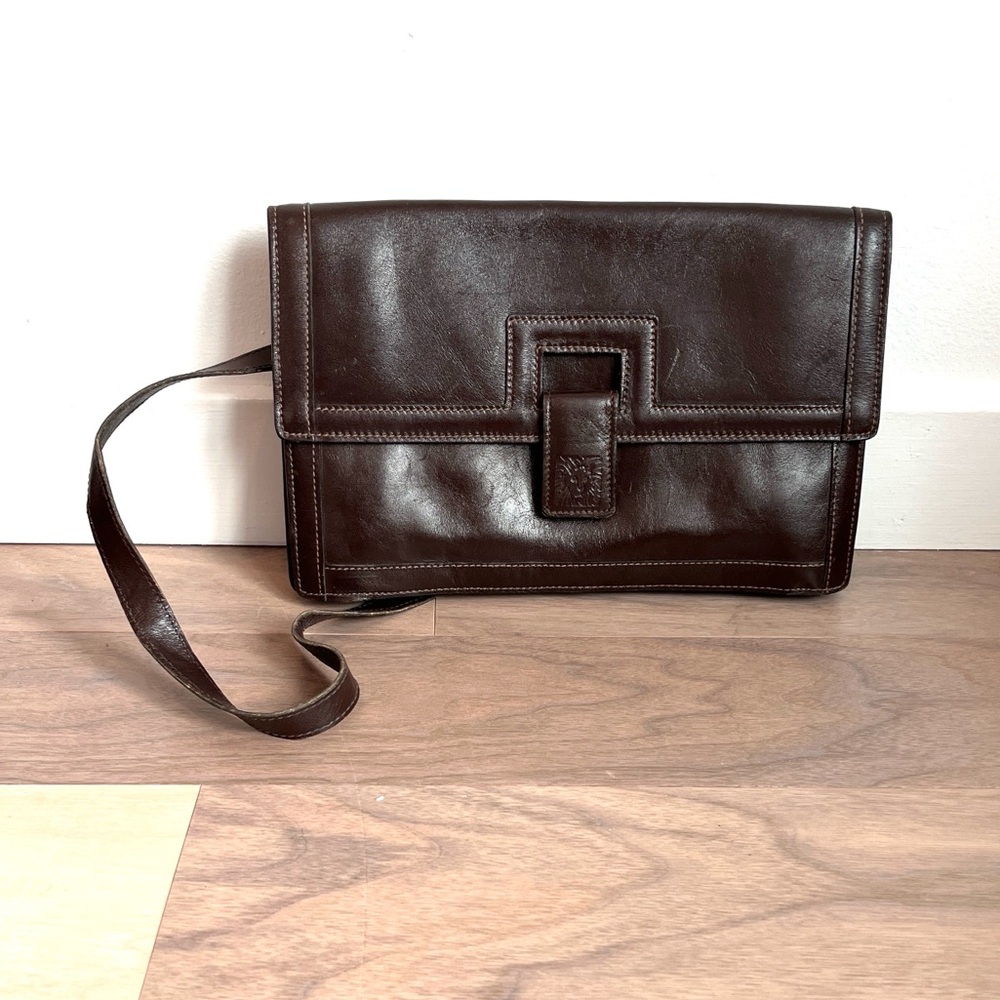 Vintage Anne Klein Chocolate Brown Leather Bag Satchel Gold Trim